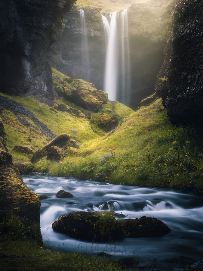 Long exposure shot of the waterfall Kvernufoss on Iceland.